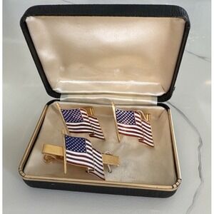 Vintage US American Flag Enamel Cuff Links Tie Tack USA Unbranded Gold
